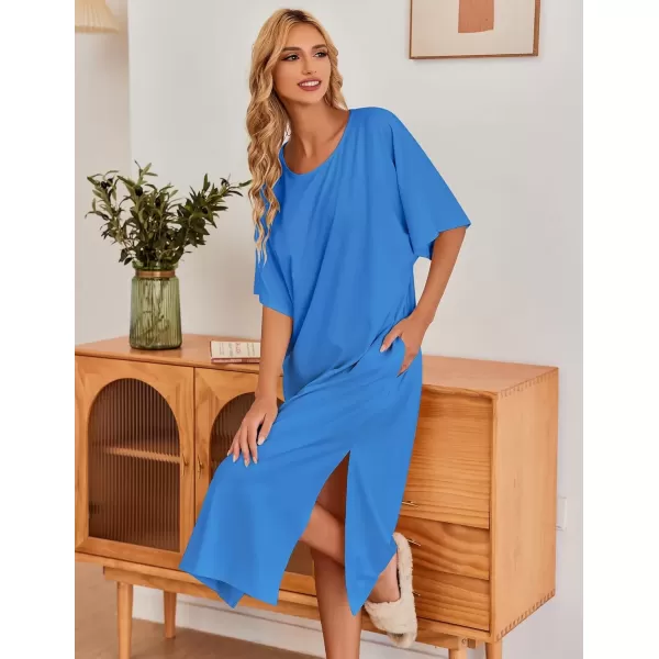 imageEkouaer Womens Nightgown Short Sleeve Sleepshirt Long Loungewear Casual Maxi Lounge Dress House Dresses with PocketsSnorkel Blue