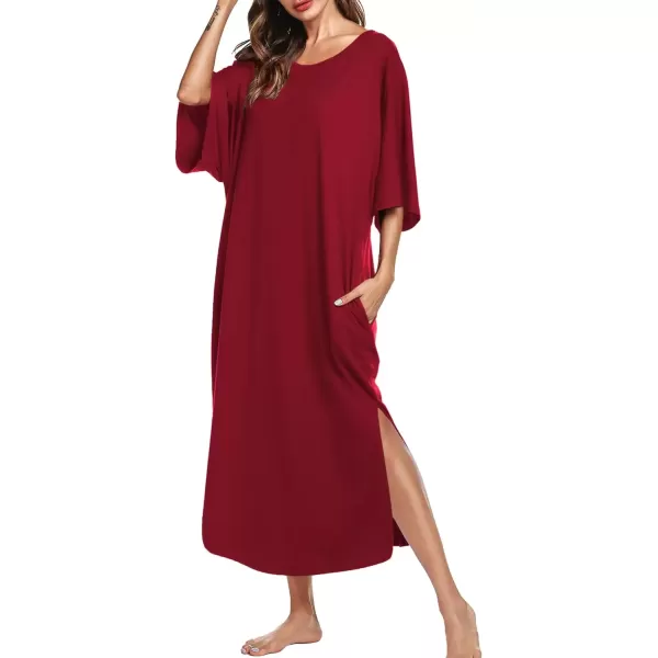 imageEkouaer Womens Nightgown Short Sleeve Sleepshirt Long Loungewear Casual Maxi Lounge Dress House Dresses with PocketsWine Red