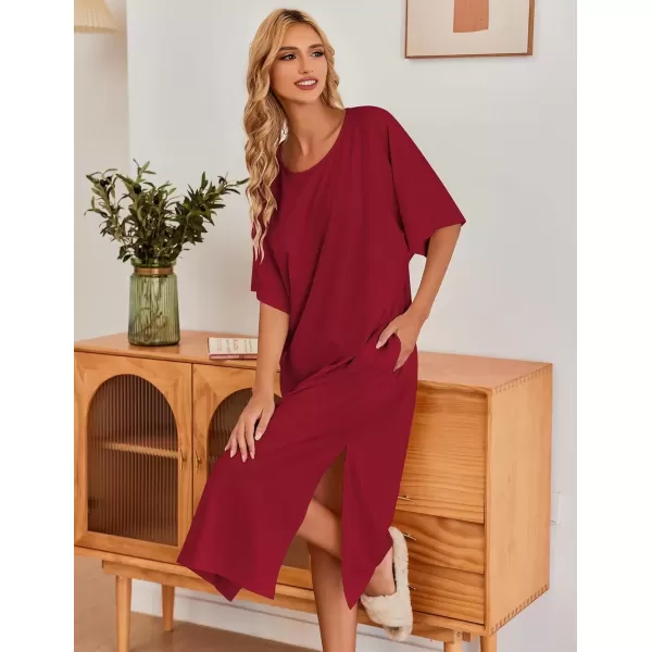 imageEkouaer Womens Nightgown Short Sleeve Sleepshirt Long Loungewear Casual Maxi Lounge Dress House Dresses with PocketsWine Red