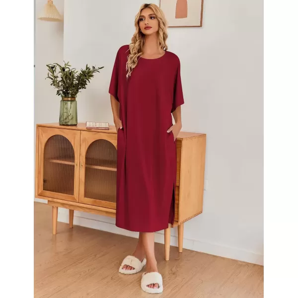 imageEkouaer Womens Nightgown Short Sleeve Sleepshirt Long Loungewear Casual Maxi Lounge Dress House Dresses with PocketsWine Red