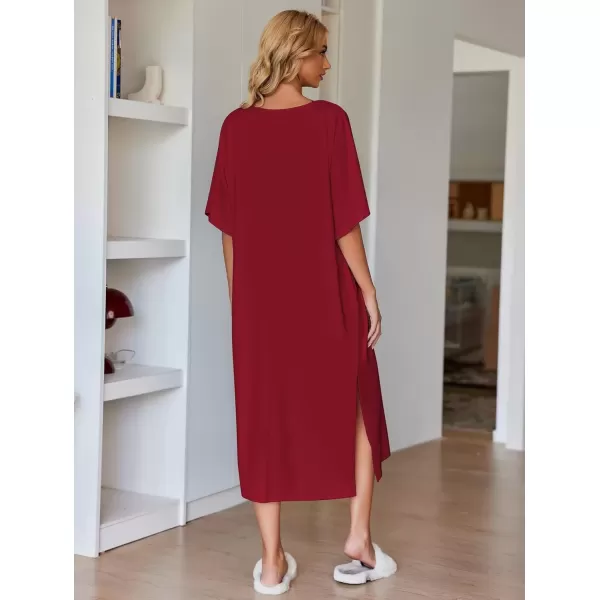 imageEkouaer Womens Nightgown Short Sleeve Sleepshirt Long Loungewear Casual Maxi Lounge Dress House Dresses with PocketsWine Red