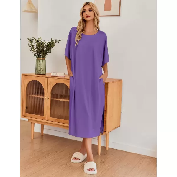 imageEkouaer Womens Nightgown Short Sleeve Sleepshirt Long Loungewear Casual Maxi Lounge Dress House Dresses with PocketsWineberry