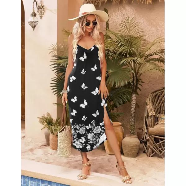 imageEkouaer Womens Sleeveless Nightgown Full Slip Nightshirt Print Nightwear Full Length Loungewear Soft NightdressBlack Butterfly