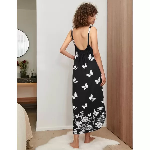 imageEkouaer Womens Sleeveless Nightgown Full Slip Nightshirt Print Nightwear Full Length Loungewear Soft NightdressBlack Butterfly