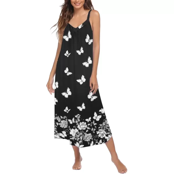 imageEkouaer Womens Sleeveless Nightgown Full Slip Nightshirt Print Nightwear Full Length Loungewear Soft NightdressBlack Butterfly