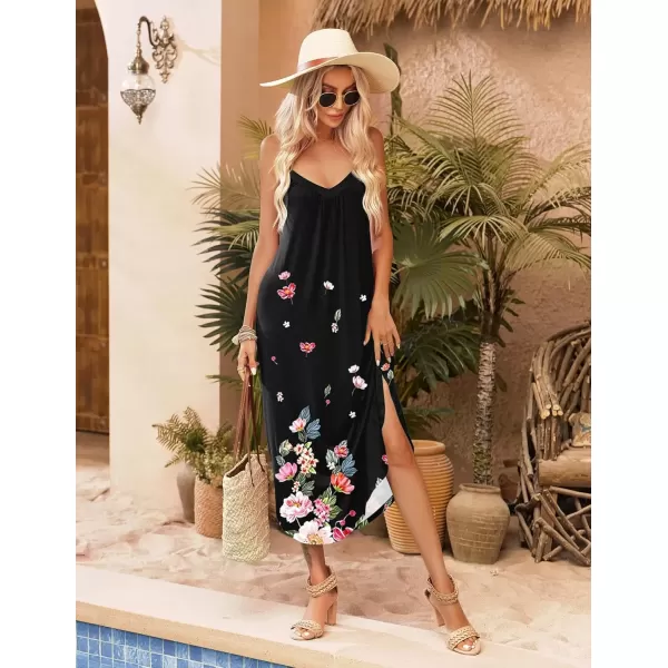 imageEkouaer Womens Sleeveless Nightgown Full Slip Nightshirt Print Nightwear Full Length Loungewear Soft NightdressBlack Little Flowers