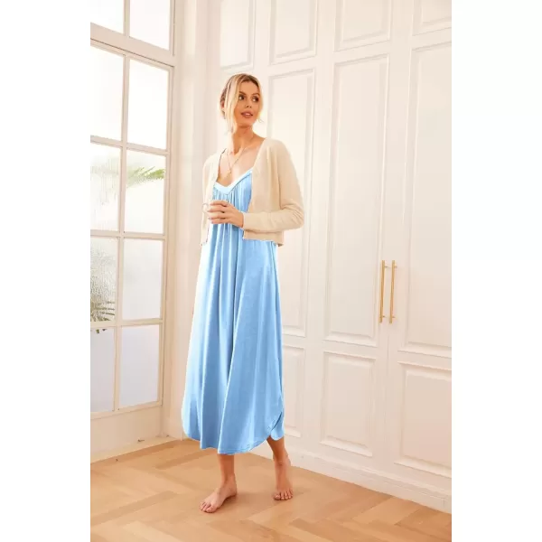 imageEkouaer Womens Sleeveless Nightgown Full Slip Nightshirt Print Nightwear Full Length Loungewear Soft NightdressClear Blue