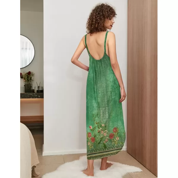 imageEkouaer Womens Sleeveless Nightgown Full Slip Nightshirt Print Nightwear Full Length Loungewear Soft NightdressGreen Ethnic Style