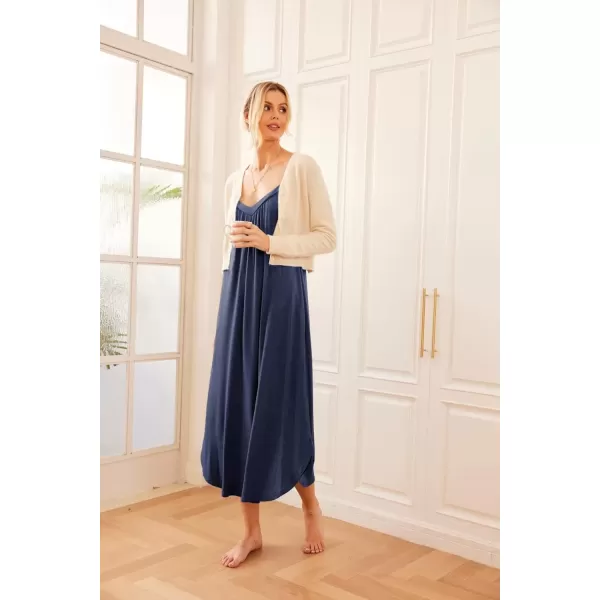 imageEkouaer Womens Sleeveless Nightgown Full Slip Nightshirt Print Nightwear Full Length Loungewear Soft NightdressNavy Blue