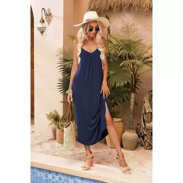 imageEkouaer Womens Sleeveless Nightgown Full Slip Nightshirt Print Nightwear Full Length Loungewear Soft NightdressNavy Blue