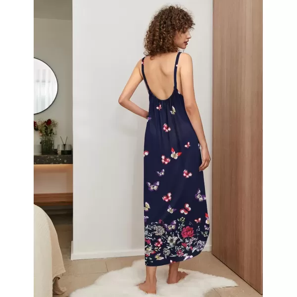 imageEkouaer Womens Sleeveless Nightgown Full Slip Nightshirt Print Nightwear Full Length Loungewear Soft NightdressNavy Butterfly