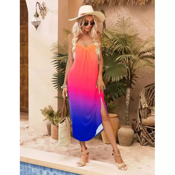 imageEkouaer Womens Sleeveless Nightgown Full Slip Nightshirt Print Nightwear Full Length Loungewear Soft NightdressOrange Blue Gradient