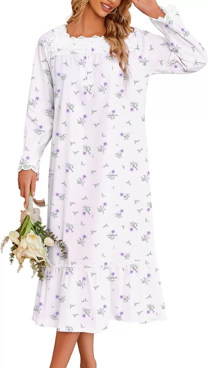 imageEkouaer Victorian Nightgown 100 Cotton Long Sleeve Vintage Old Fashioned Gown for WomenWhite Purple Floral