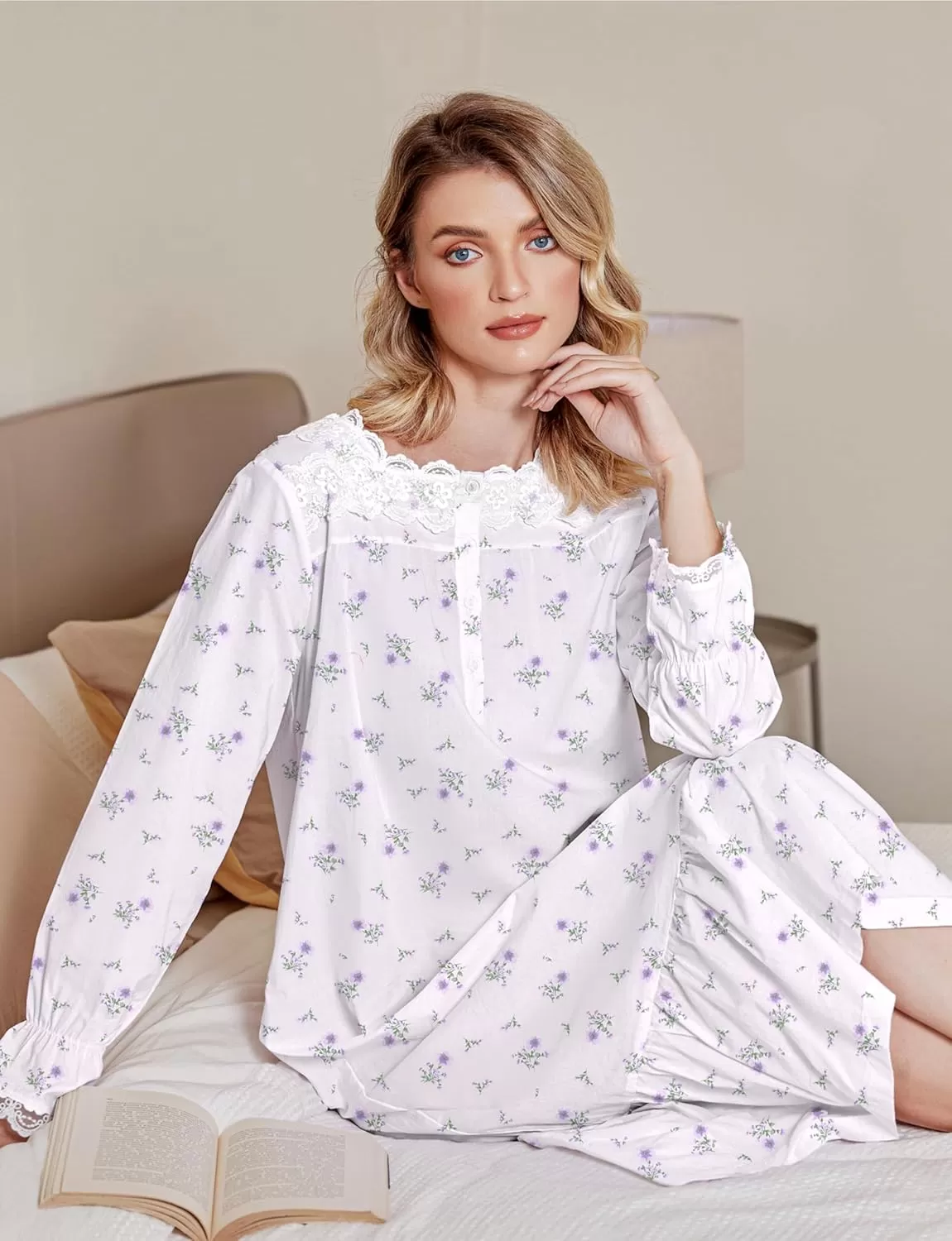 imageEkouaer Victorian Nightgown 100 Cotton Long Sleeve Vintage Old Fashioned Gown for WomenWhite Purple Floral