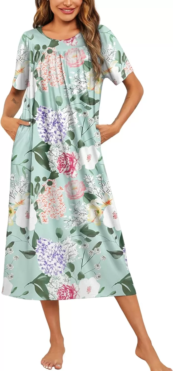 imageEkouaer Womens House Dress with Pockets Long Nightgowns for Women House Dress Pleated Front Moo Moos for Women SXXXLGreen Pink Flower