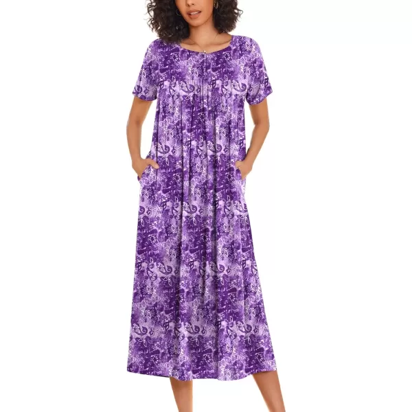 imageEkouaer House Dress Mumu Lounge Dress for Women with Pockets Floral Print Nightgown Short Sleeve Patio Dress SXXLFloral Purple