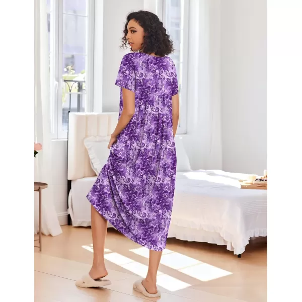 imageEkouaer House Dress Mumu Lounge Dress for Women with Pockets Floral Print Nightgown Short Sleeve Patio Dress SXXLFloral Purple