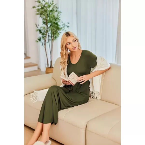 imageEkouaer Long Nightgowns for Women House Dress Plus Size Sleepwear Pleated Full Length Loungwear S4XLArmy Green