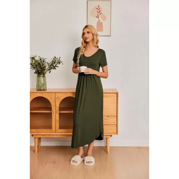 imageEkouaer Long Nightgowns for Women House Dress Plus Size Sleepwear Pleated Full Length Loungwear S4XLArmy Green