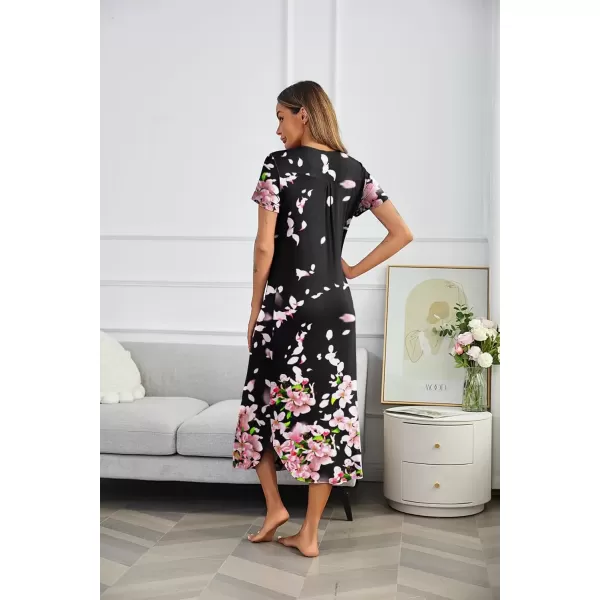 imageEkouaer Long Nightgowns for Women House Dress Plus Size Sleepwear Pleated Full Length Loungwear S4XLBlack Flower