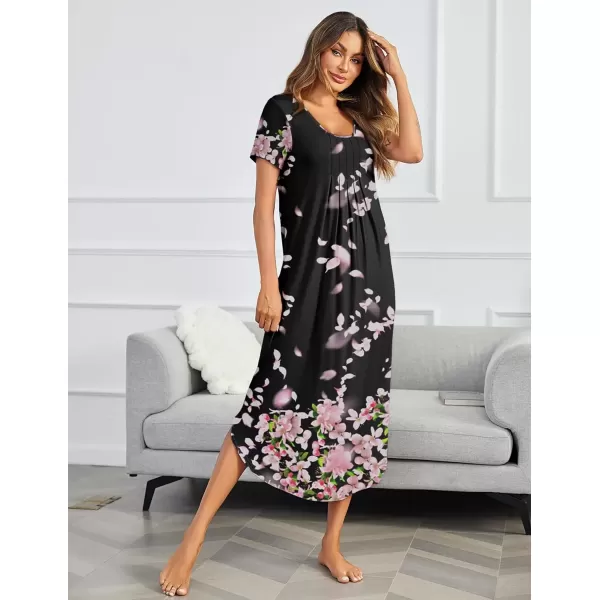 imageEkouaer Long Nightgowns for Women House Dress Plus Size Sleepwear Pleated Full Length Loungwear S4XLBlack Flower