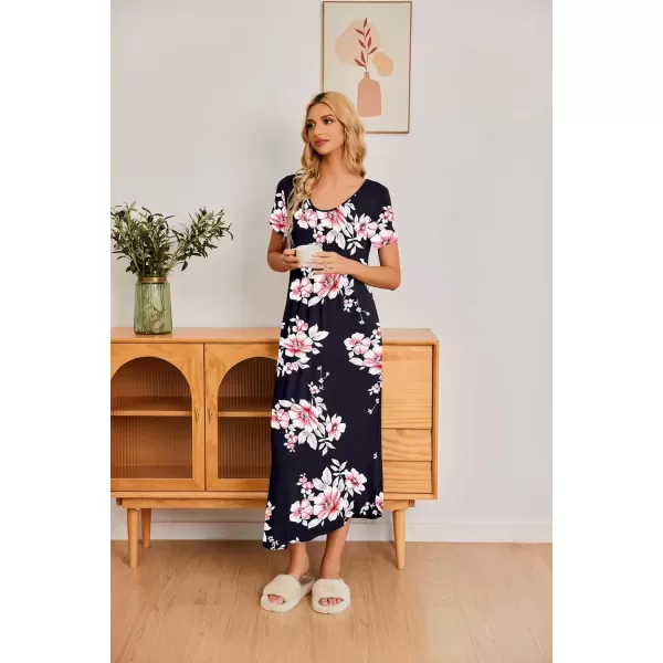 imageEkouaer Long Nightgowns for Women House Dress Plus Size Sleepwear Pleated Full Length Loungwear S4XLBlack Pink Flowers