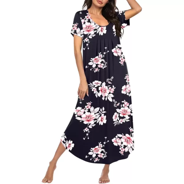 imageEkouaer Long Nightgowns for Women House Dress Plus Size Sleepwear Pleated Full Length Loungwear S4XLBlack Pink Flowers