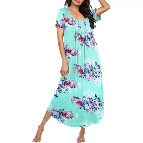 imageEkouaer Long Nightgowns for Women House Dress Plus Size Sleepwear Pleated Full Length Loungwear S4XLBlue Flower