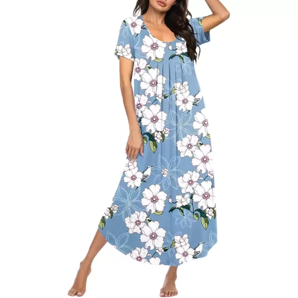 imageEkouaer Long Nightgowns for Women House Dress Plus Size Sleepwear Pleated Full Length Loungwear S4XLBlue White Flowers