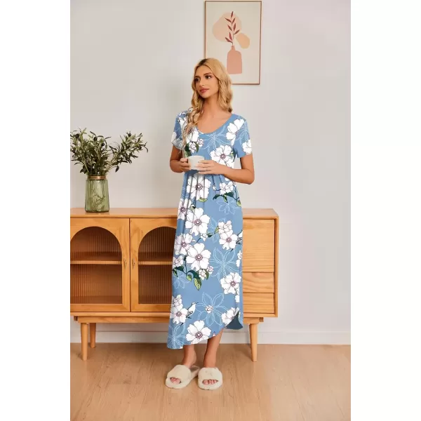 imageEkouaer Long Nightgowns for Women House Dress Plus Size Sleepwear Pleated Full Length Loungwear S4XLBlue White Flowers