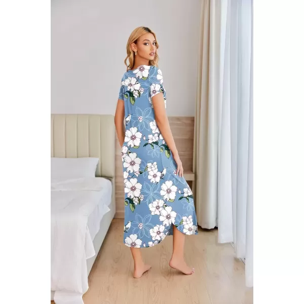 imageEkouaer Long Nightgowns for Women House Dress Plus Size Sleepwear Pleated Full Length Loungwear S4XLBlue White Flowers