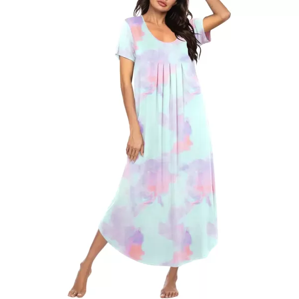 imageEkouaer Long Nightgowns for Women House Dress Plus Size Sleepwear Pleated Full Length Loungwear S4XLGreen Tiedye