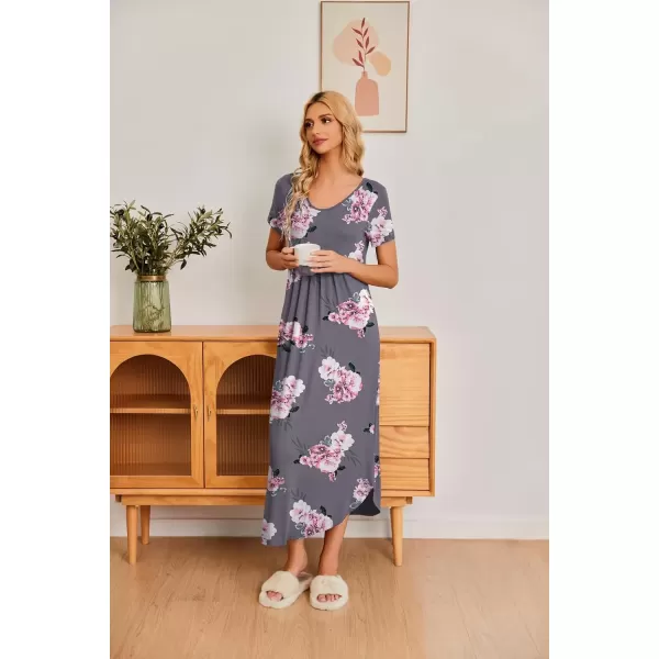 imageEkouaer Long Nightgowns for Women House Dress Plus Size Sleepwear Pleated Full Length Loungwear S4XLGrey Flowers