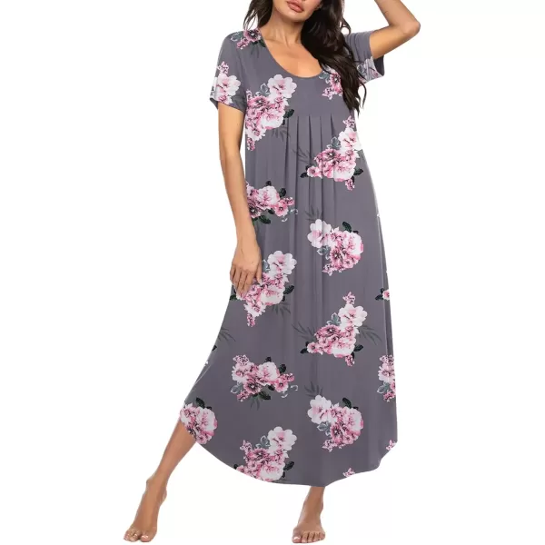 imageEkouaer Long Nightgowns for Women House Dress Plus Size Sleepwear Pleated Full Length Loungwear S4XLGrey Flowers