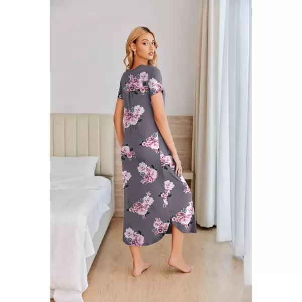 imageEkouaer Long Nightgowns for Women House Dress Plus Size Sleepwear Pleated Full Length Loungwear S4XLGrey Flowers