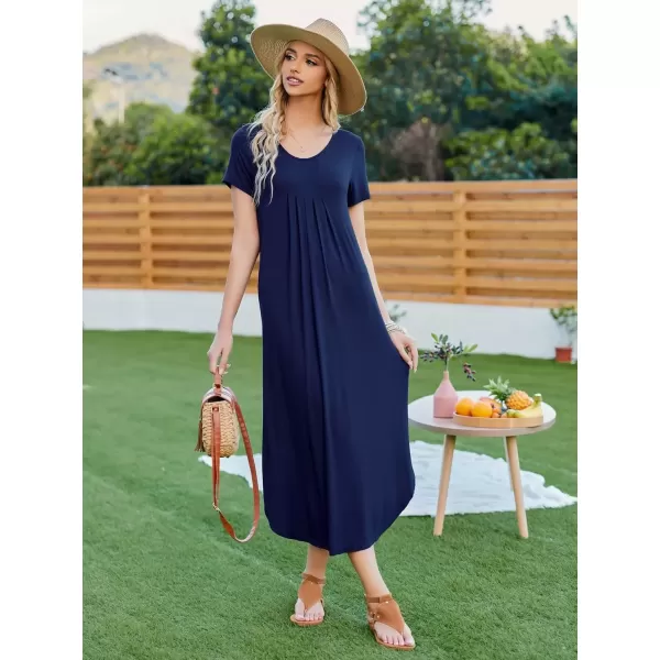 imageEkouaer Long Nightgowns for Women House Dress Plus Size Sleepwear Pleated Full Length Loungwear S4XLNavy Blue