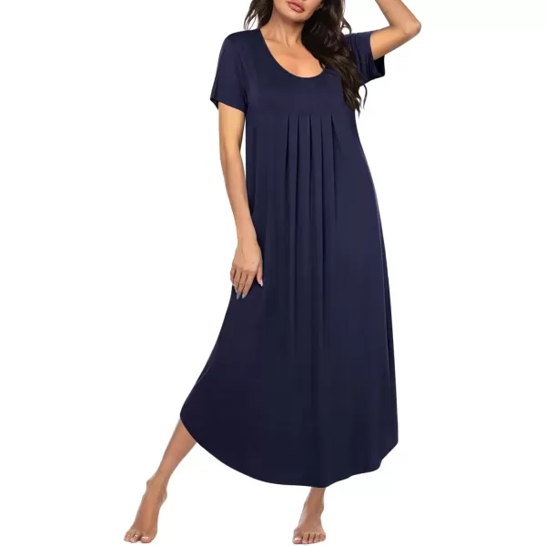 imageEkouaer Long Nightgowns for Women House Dress Plus Size Sleepwear Pleated Full Length Loungwear S4XLNavy Blue