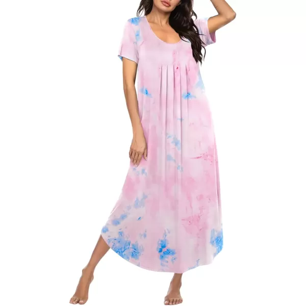 imageEkouaer Long Nightgowns for Women House Dress Plus Size Sleepwear Pleated Full Length Loungwear S4XLPink Tiedye