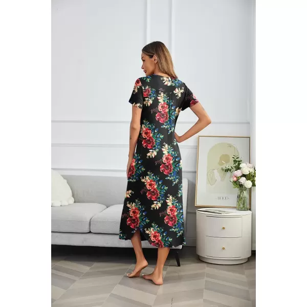 imageEkouaer Long Nightgowns for Women House Dress Plus Size Sleepwear Pleated Full Length Loungwear S4XLRed Flowers