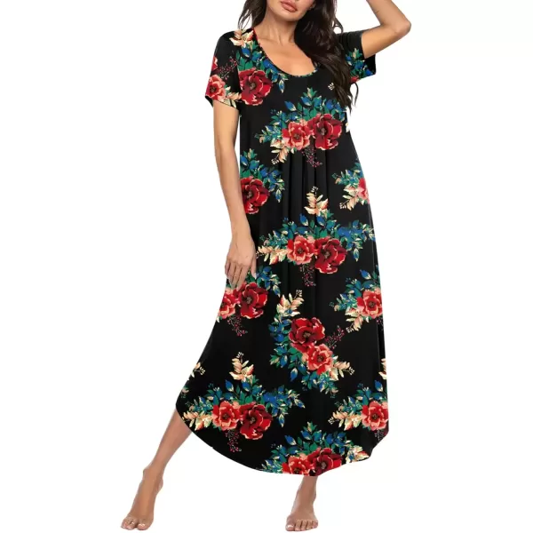 imageEkouaer Long Nightgowns for Women House Dress Plus Size Sleepwear Pleated Full Length Loungwear S4XLRed Flowers