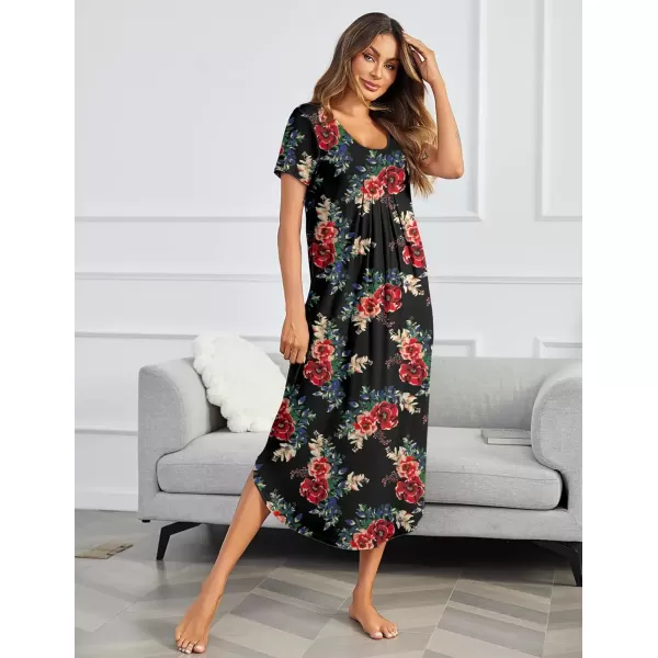imageEkouaer Long Nightgowns for Women House Dress Plus Size Sleepwear Pleated Full Length Loungwear S4XLRed Flowers