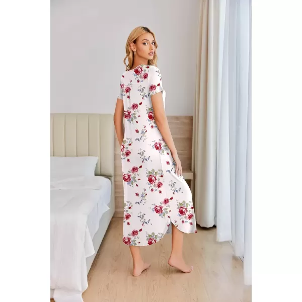 imageEkouaer Long Nightgowns for Women House Dress Plus Size Sleepwear Pleated Full Length Loungwear S4XLWhite Red Flowers