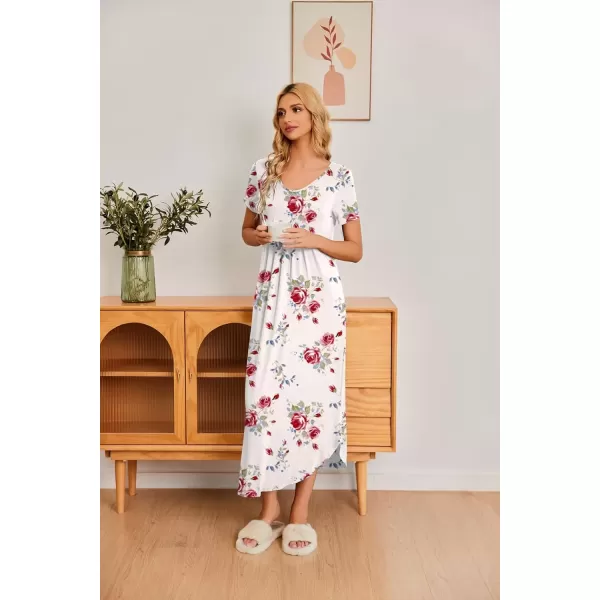 imageEkouaer Long Nightgowns for Women House Dress Plus Size Sleepwear Pleated Full Length Loungwear S4XLWhite Red Flowers