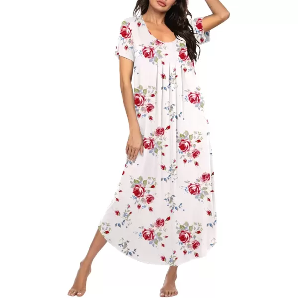 imageEkouaer Long Nightgowns for Women House Dress Plus Size Sleepwear Pleated Full Length Loungwear S4XLWhite Red Flowers