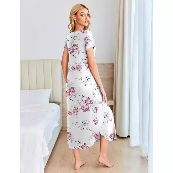 imageEkouaer Long Nightgowns for Women House Dress Plus Size Sleepwear Pleated Full Length Loungwear S4XLWithe Pink Flower