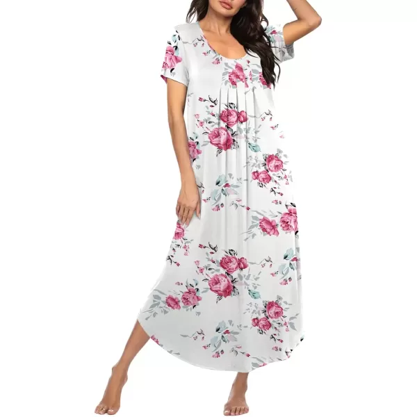 imageEkouaer Long Nightgowns for Women House Dress Plus Size Sleepwear Pleated Full Length Loungwear S4XLWithe Pink Flower