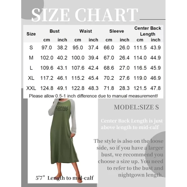 imageEkouaer Nightgown Long Sleeve Womens Nightgown Sleep Shirts for Women Night Dress Nightgowns for Woman Soft Sleepwear SXXLArmy Green Coffee
