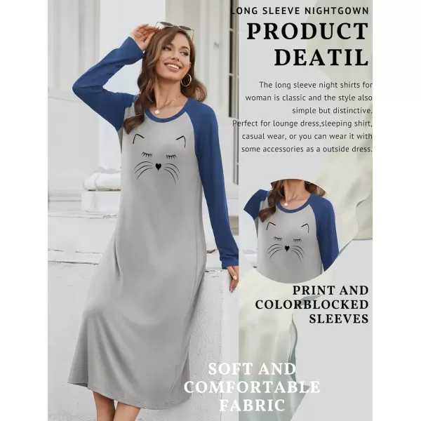 imageEkouaer Nightgown Long Sleeve Womens Nightgown Sleep Shirts for Women Night Dress Nightgowns for Woman Soft Sleepwear SXXLLight Grey Cat