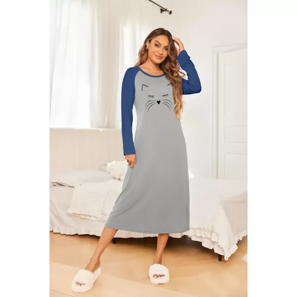imageEkouaer Nightgown Long Sleeve Womens Nightgown Sleep Shirts for Women Night Dress Nightgowns for Woman Soft Sleepwear SXXLLight Grey Cat