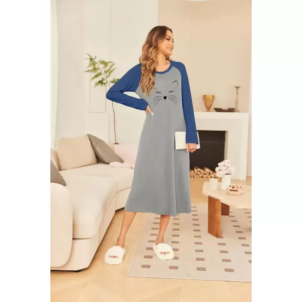imageEkouaer Nightgown Long Sleeve Womens Nightgown Sleep Shirts for Women Night Dress Nightgowns for Woman Soft Sleepwear SXXLLight Grey Cat